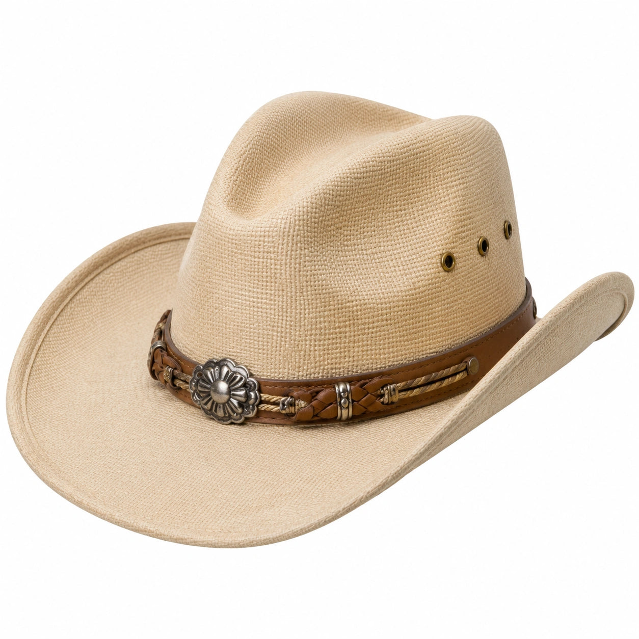 Cappello cowboy taglia unica beige intrecciato con fascia decorativa stile western