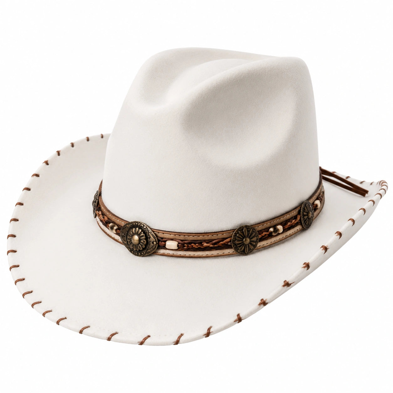 Cappello cowboy taglia unica in feltro bianco con fascia decorativa stile western