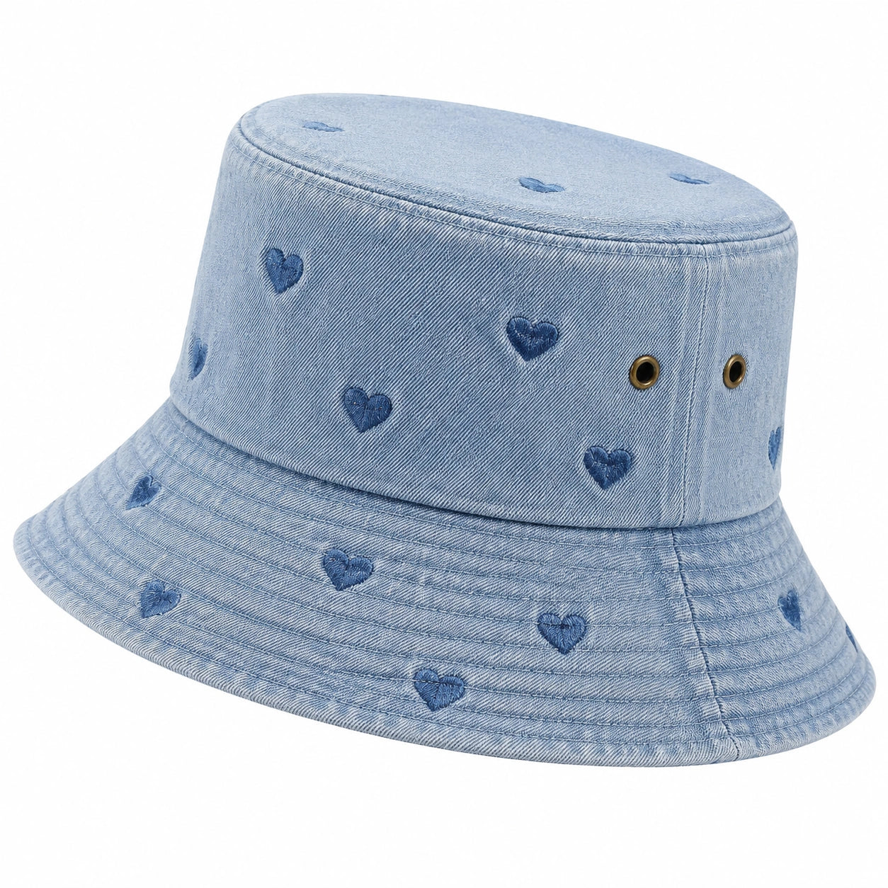 Cappello da pescatore taglia unica in denim azzurro con ricami a cuore