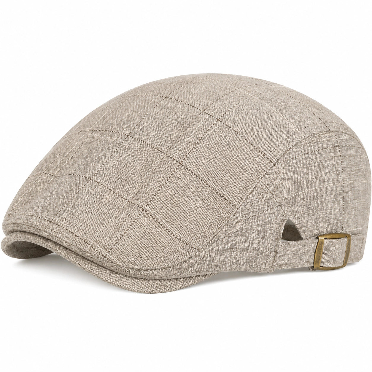 Coppola taglia unica in tessuto beige effetto lino con motivo a quadri e chiusura regolabile